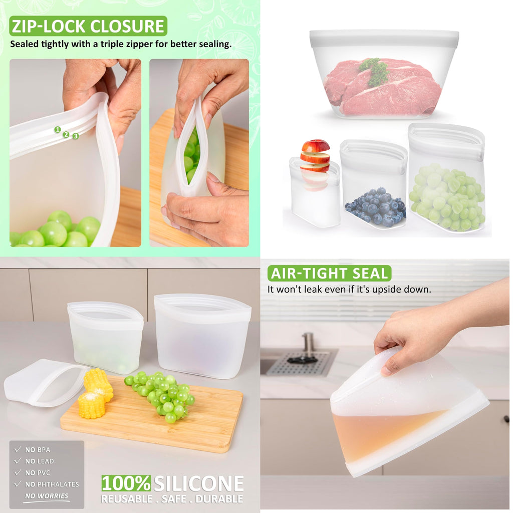 3 - Piece Reusable Silicone Food Storage Bag Set