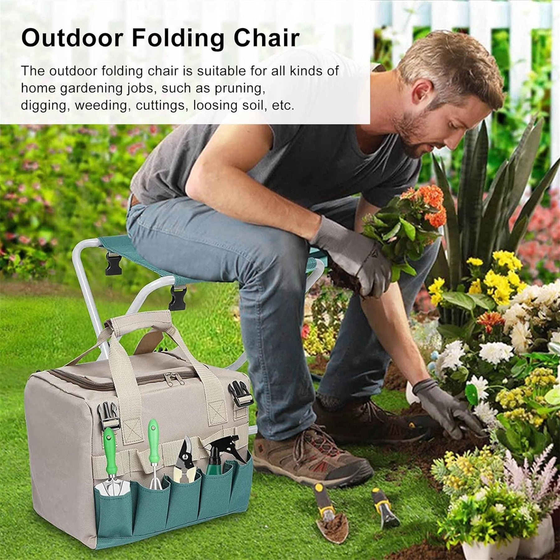 Garden Folding Stool with Tools Storage Bag