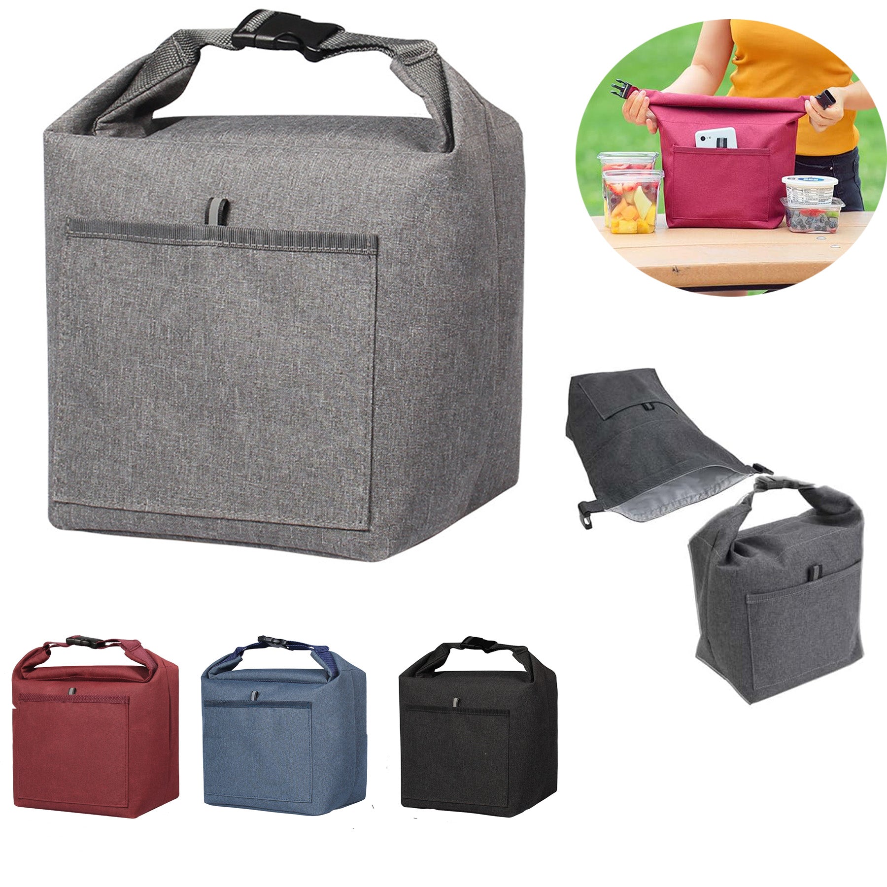Durable Roll-top Insulated Lunch Tote Bag, Charcoal, Unisex