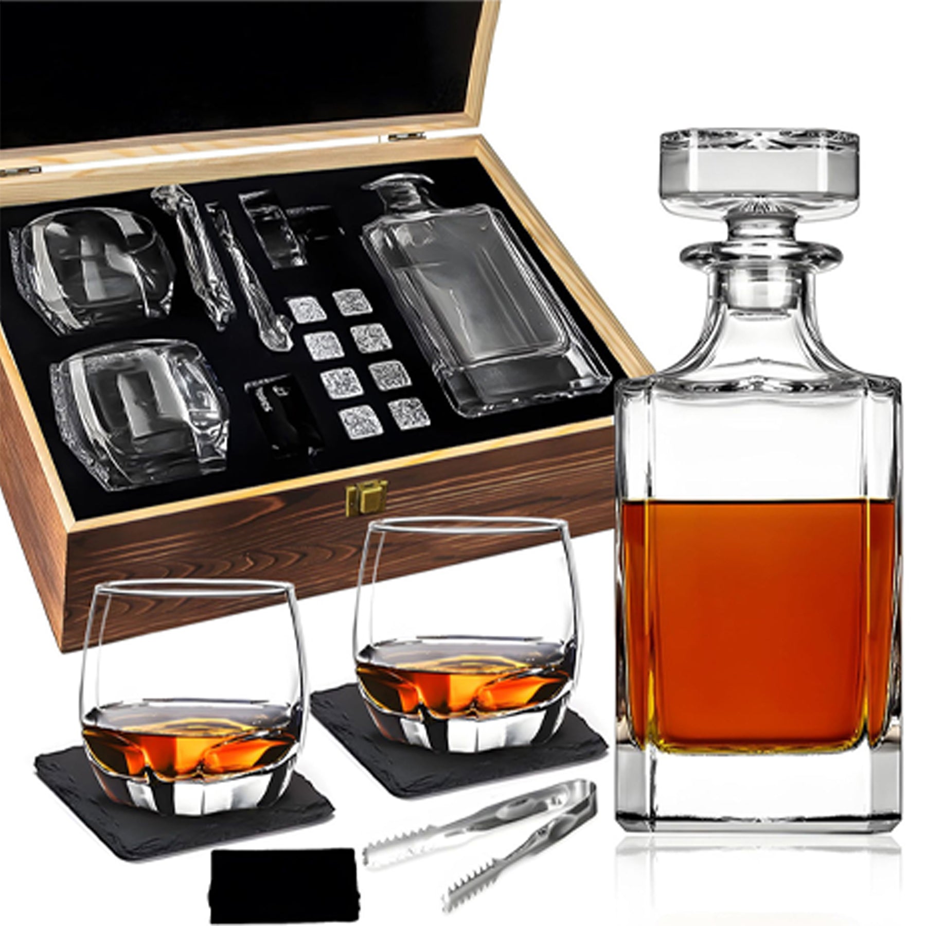 Decanter - Front Only - 2 Glasses - Wood Box