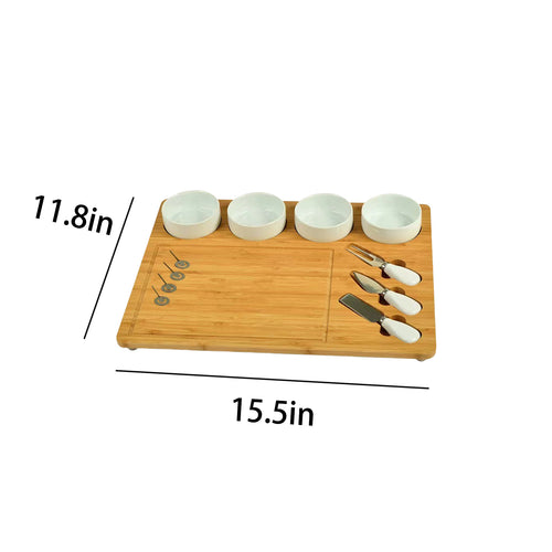 Bamboo Cheese Board Set With 4 Ceramic Bowls And Knives