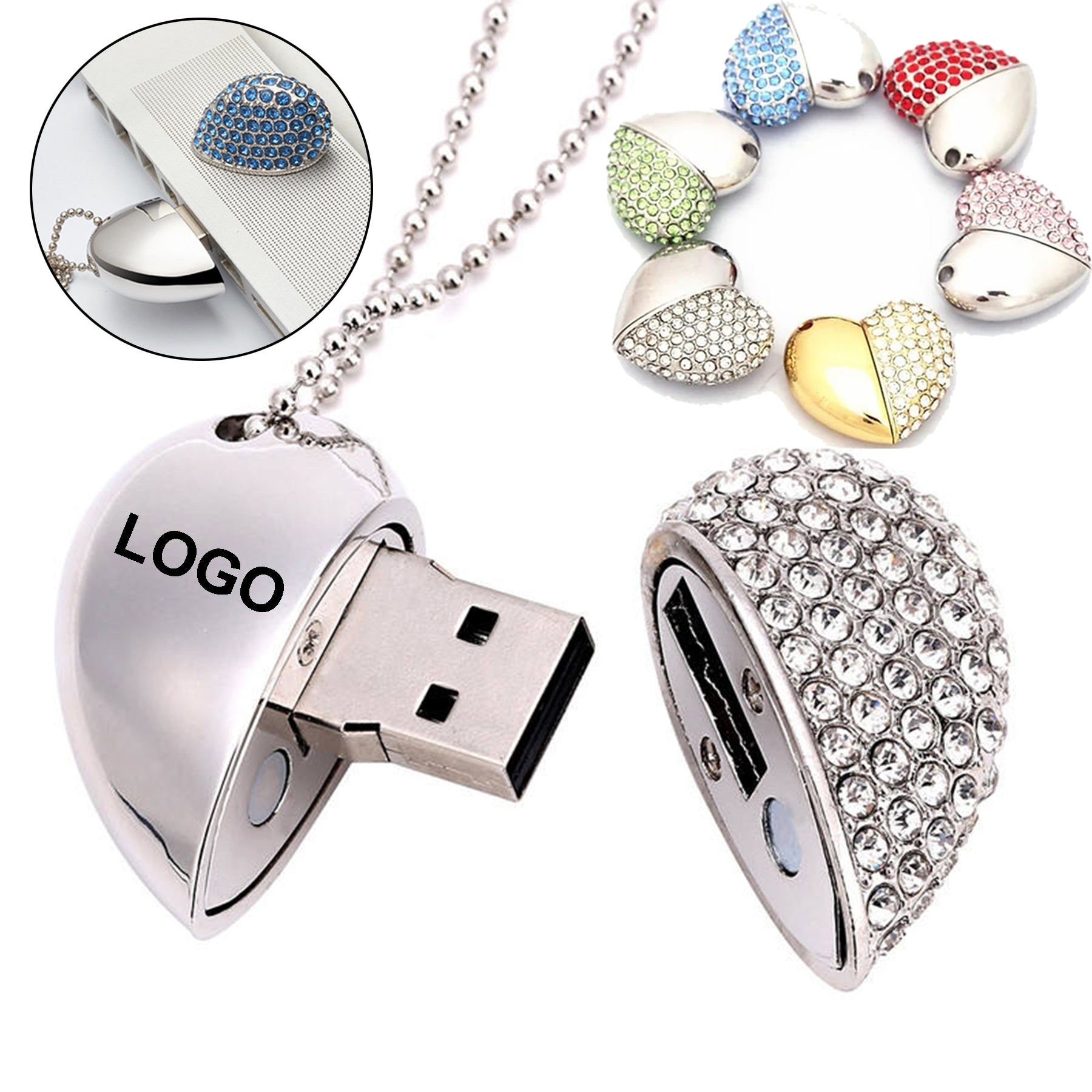 4 GB Heart Shape Crystal USB Flash Drive Necklace