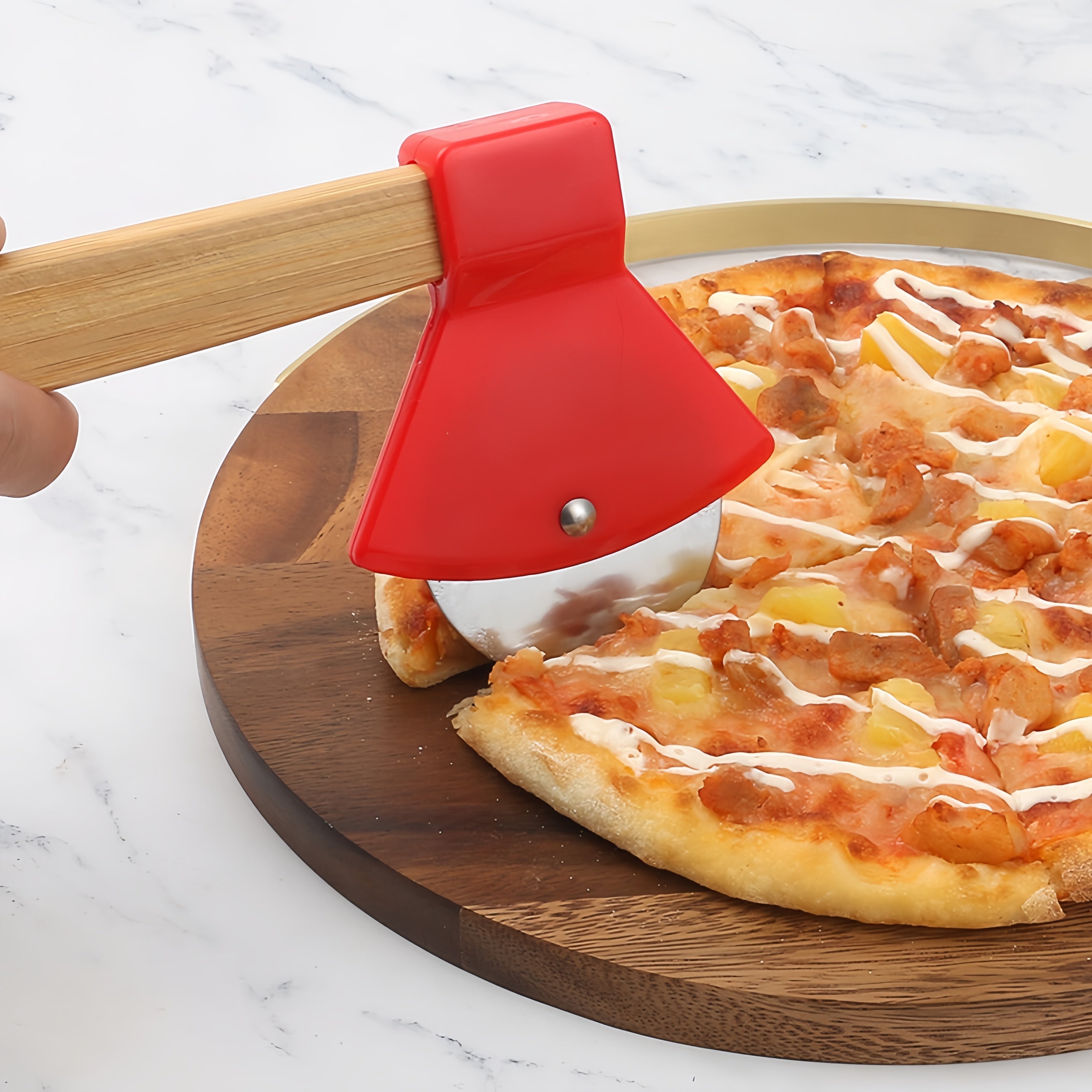 Axe-Shaped Pizza Cutter With Bamboo Handle
