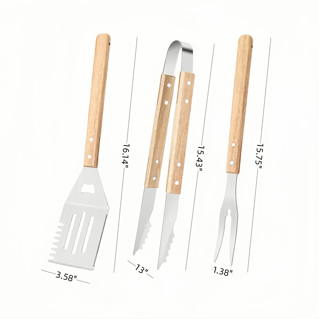 Three-Piece Set Of Barbecue Fork, Spatula And Tongs With Stainless Steel And Solid Wood Handles