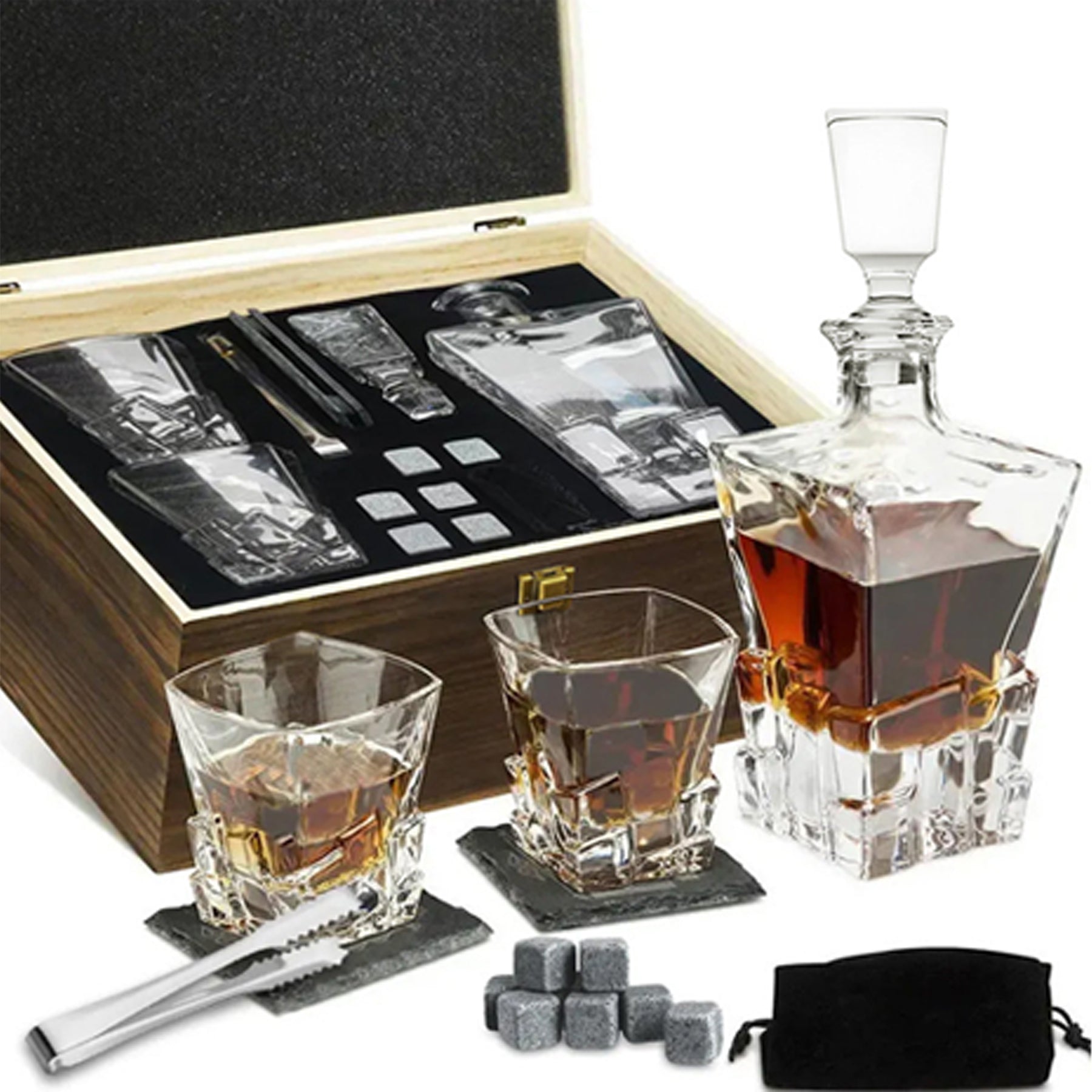 Decanter - Front Only - 2 Glasses - Wood Box