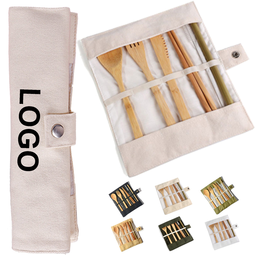 Portable Bamboo Flatware Set With Foldable Canvas Bag