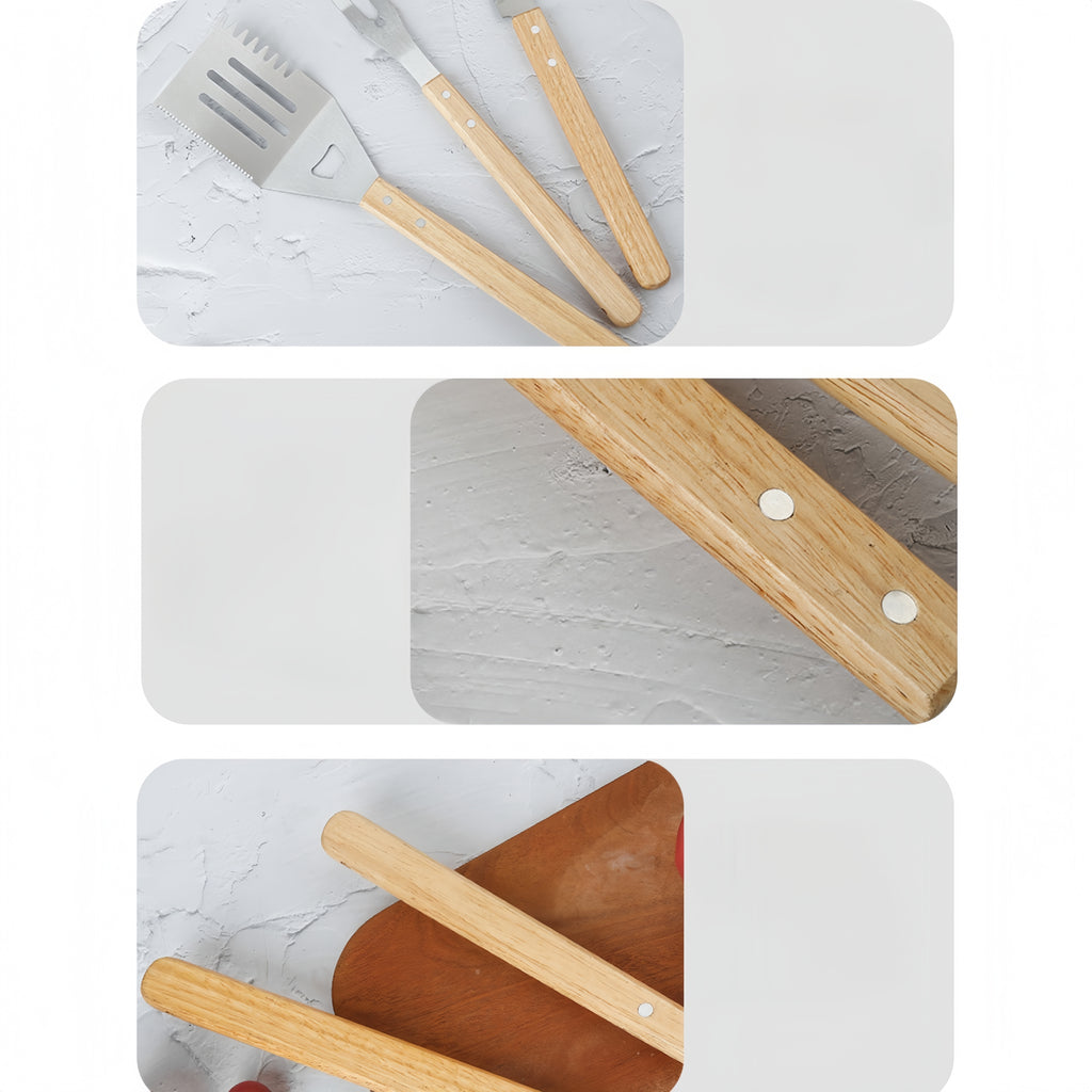 Three-Piece Set Of Barbecue Fork, Spatula And Tongs With Stainless Steel And Solid Wood Handles