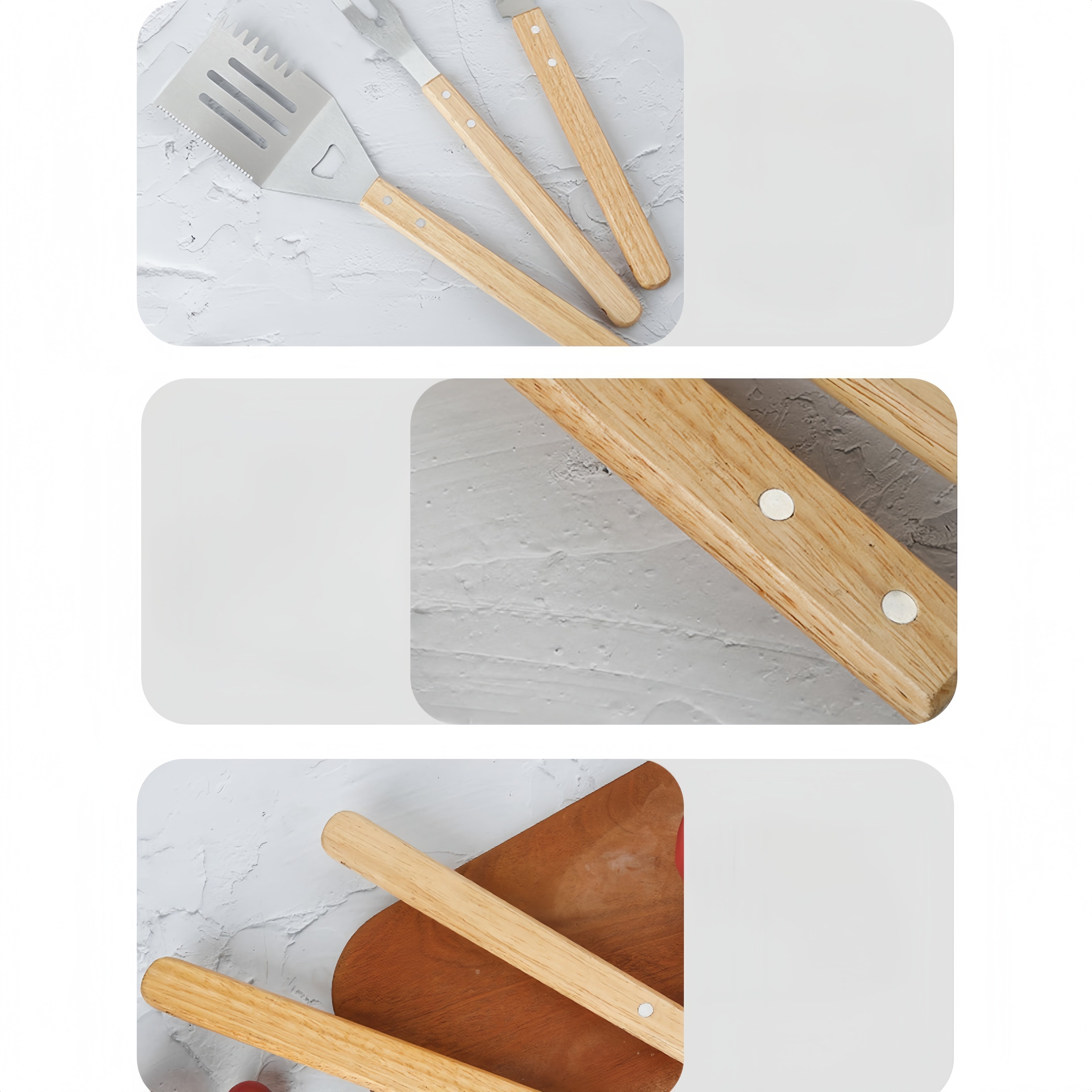 Three-Piece Set Of Barbecue Fork, Spatula And Tongs With Stainless Steel And Solid Wood Handles