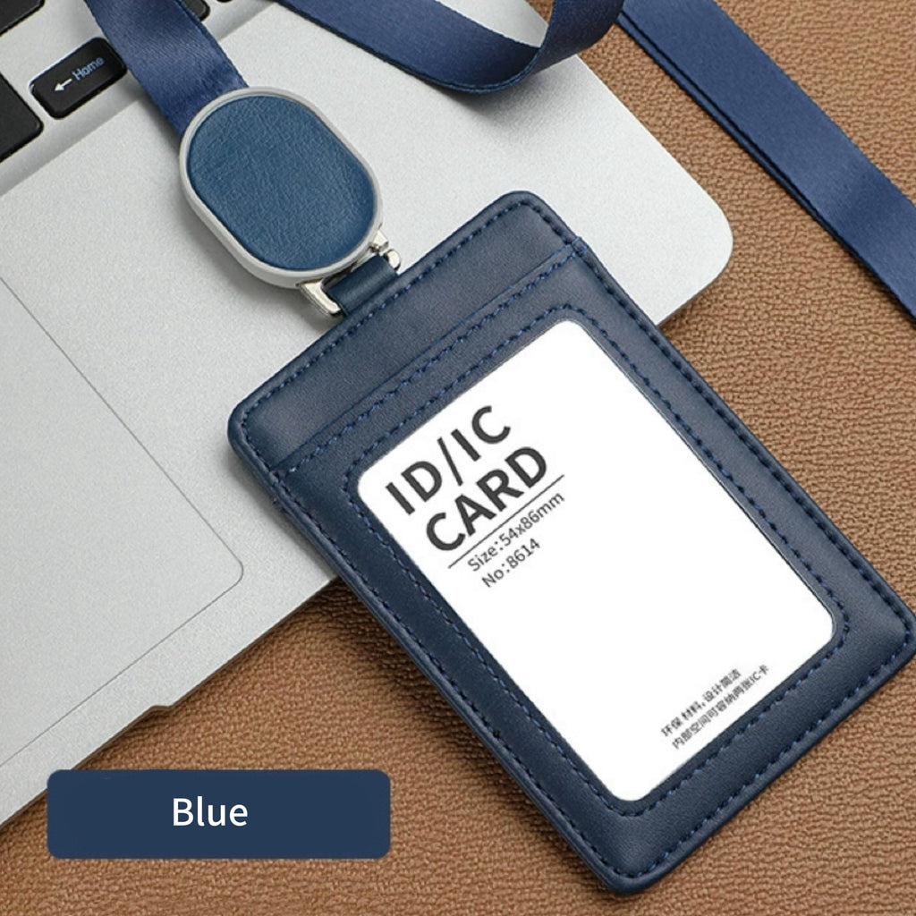 Leather ID Card Holder and Retractable Lanyard Set