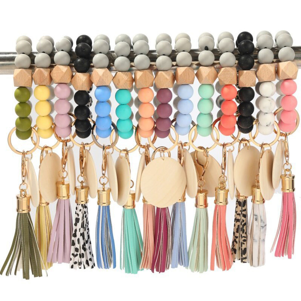 Silicone Beaded Wood Bracelet Keychain