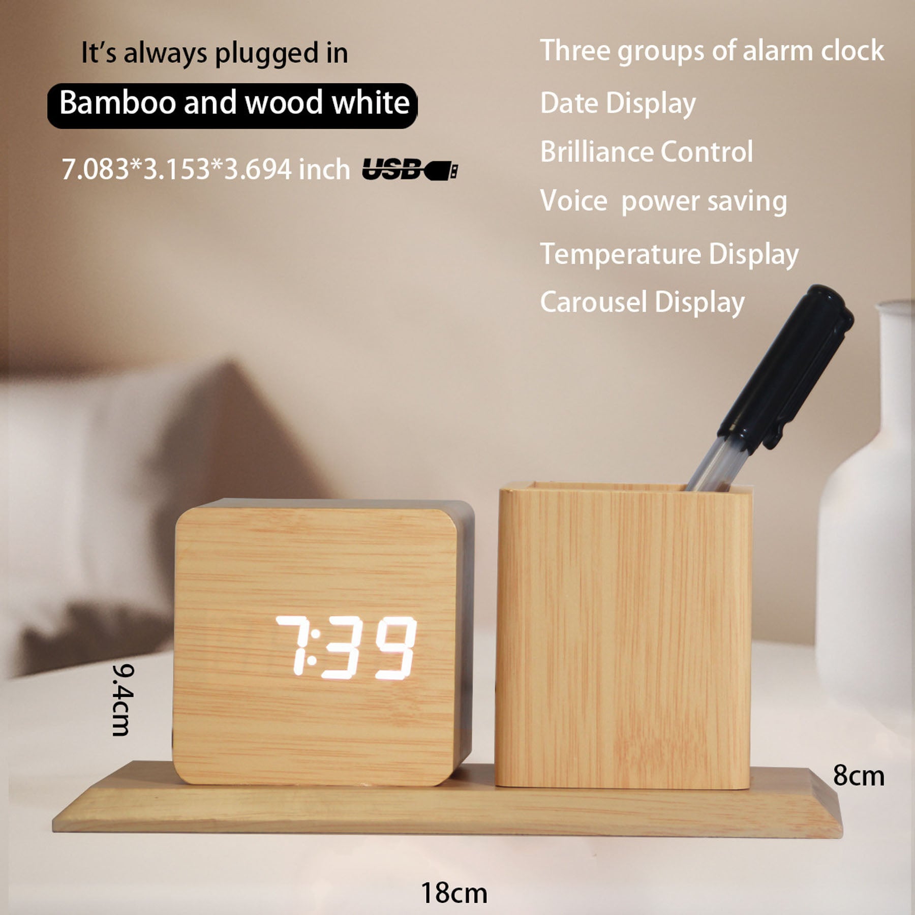 Wooden Digital Desk Clock W/ Pen Holder