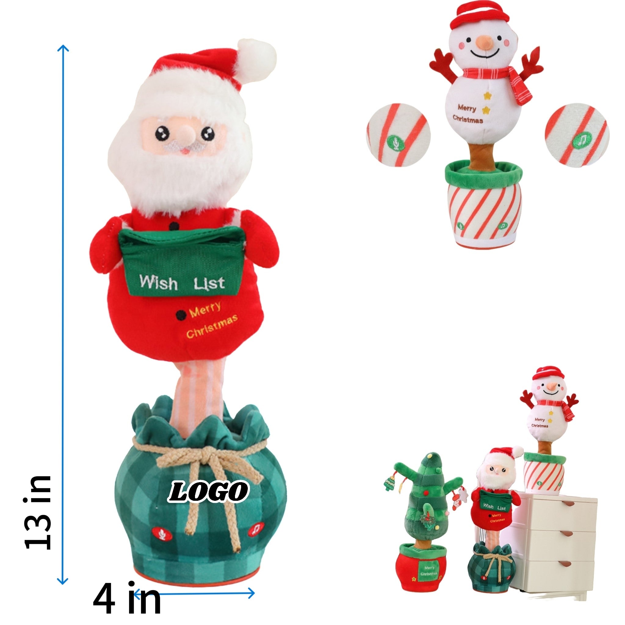 New 2025 Xmas Plush Sing Talk Record Santa Tree Gift