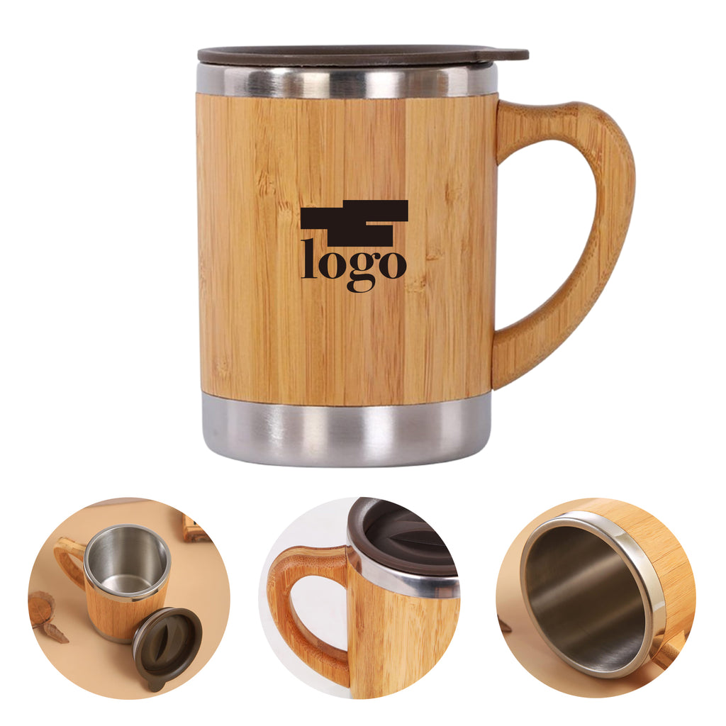 12 Oz Bamboo Stainless Steel Coffee Mug With Lid Handle