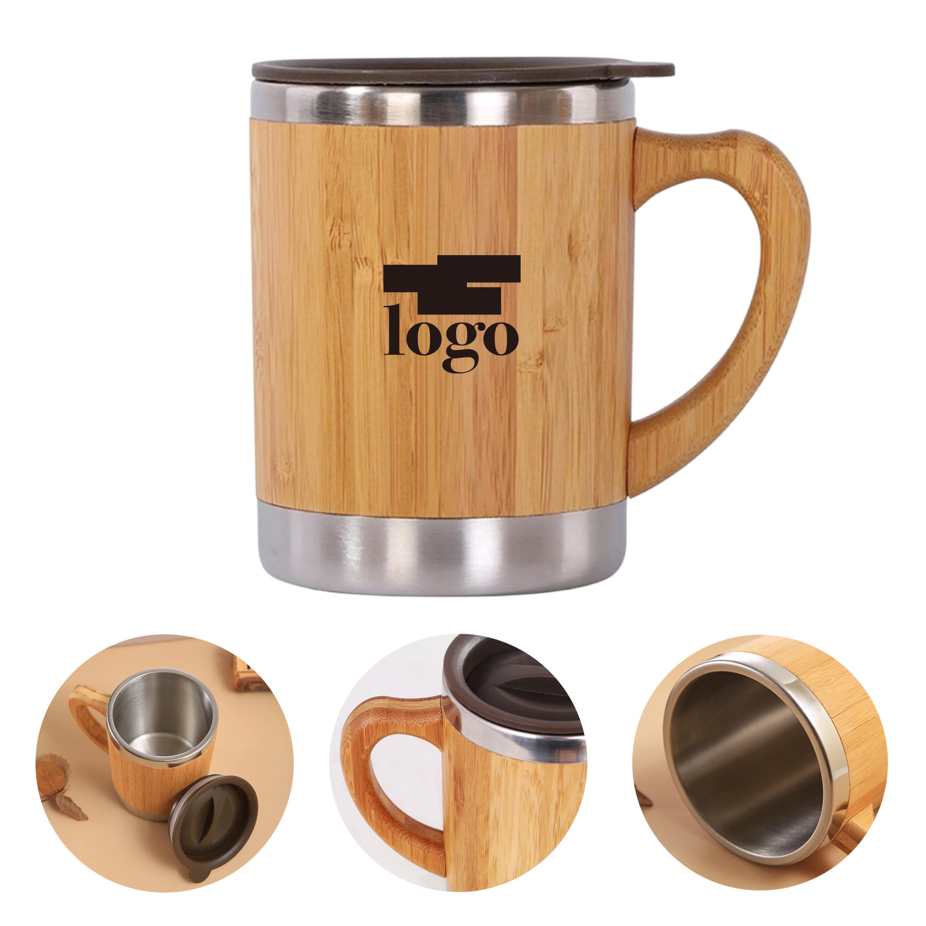 12 Oz Bamboo Stainless Steel Coffee Mug With Lid Handle