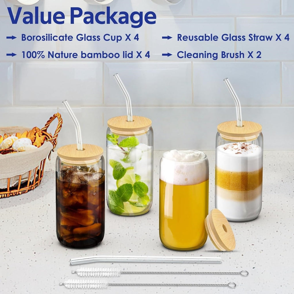 16oz Drinking Glasses With Bamboo Lids And Glass Straw