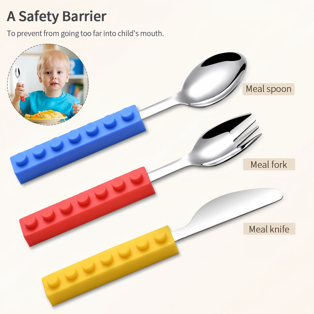 Silicone Building Blocks Stainless Steel Kids Cutlery Set