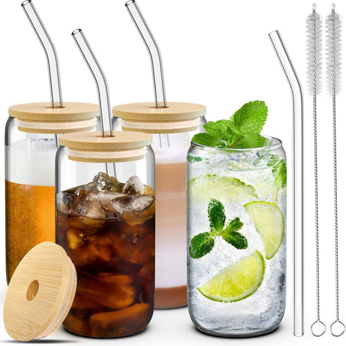 16oz Drinking Glasses With Bamboo Lids And Glass Straw