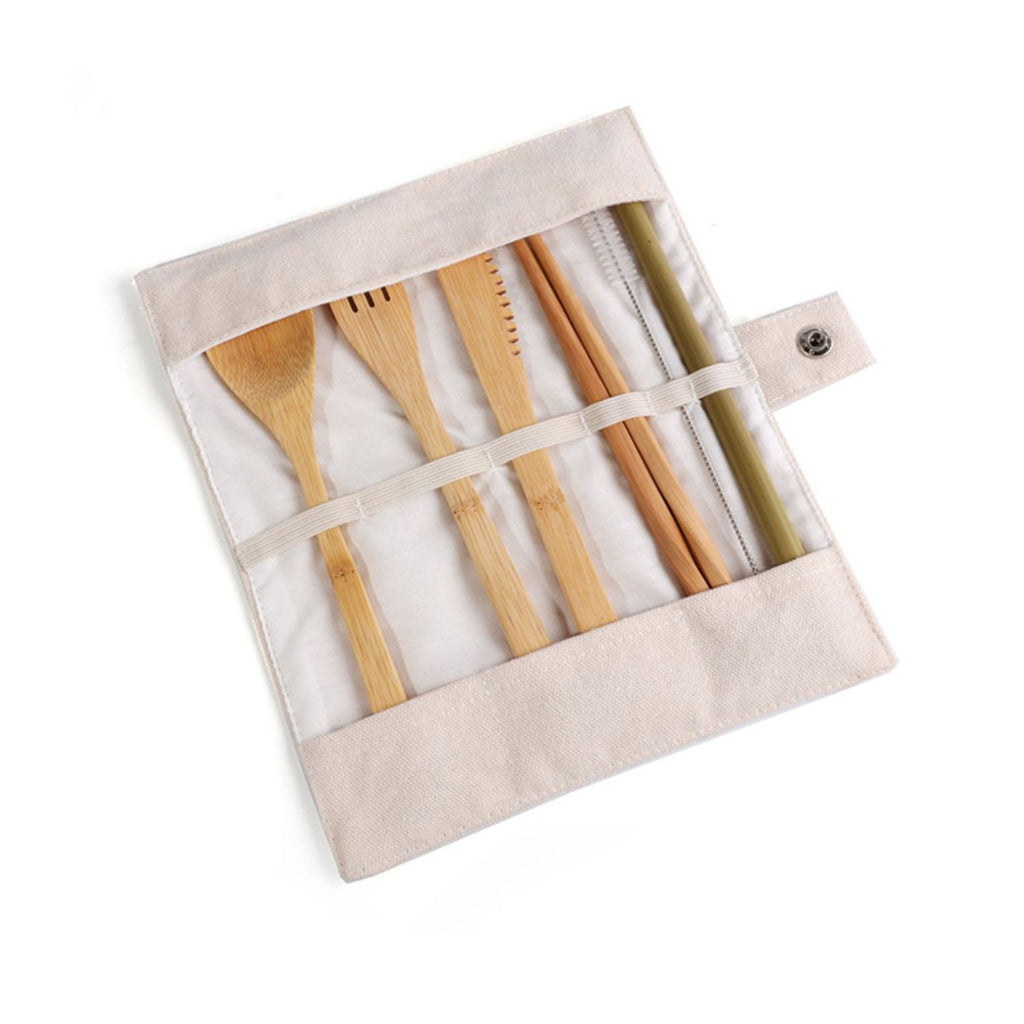 Portable Bamboo Flatware Set With Foldable Canvas Bag