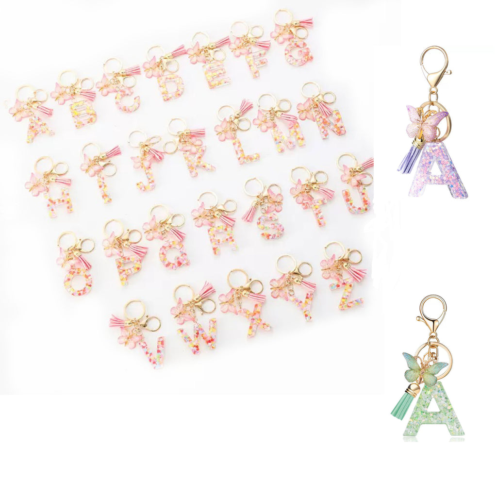 Resin Initial Keychain With Butterfly Pendant