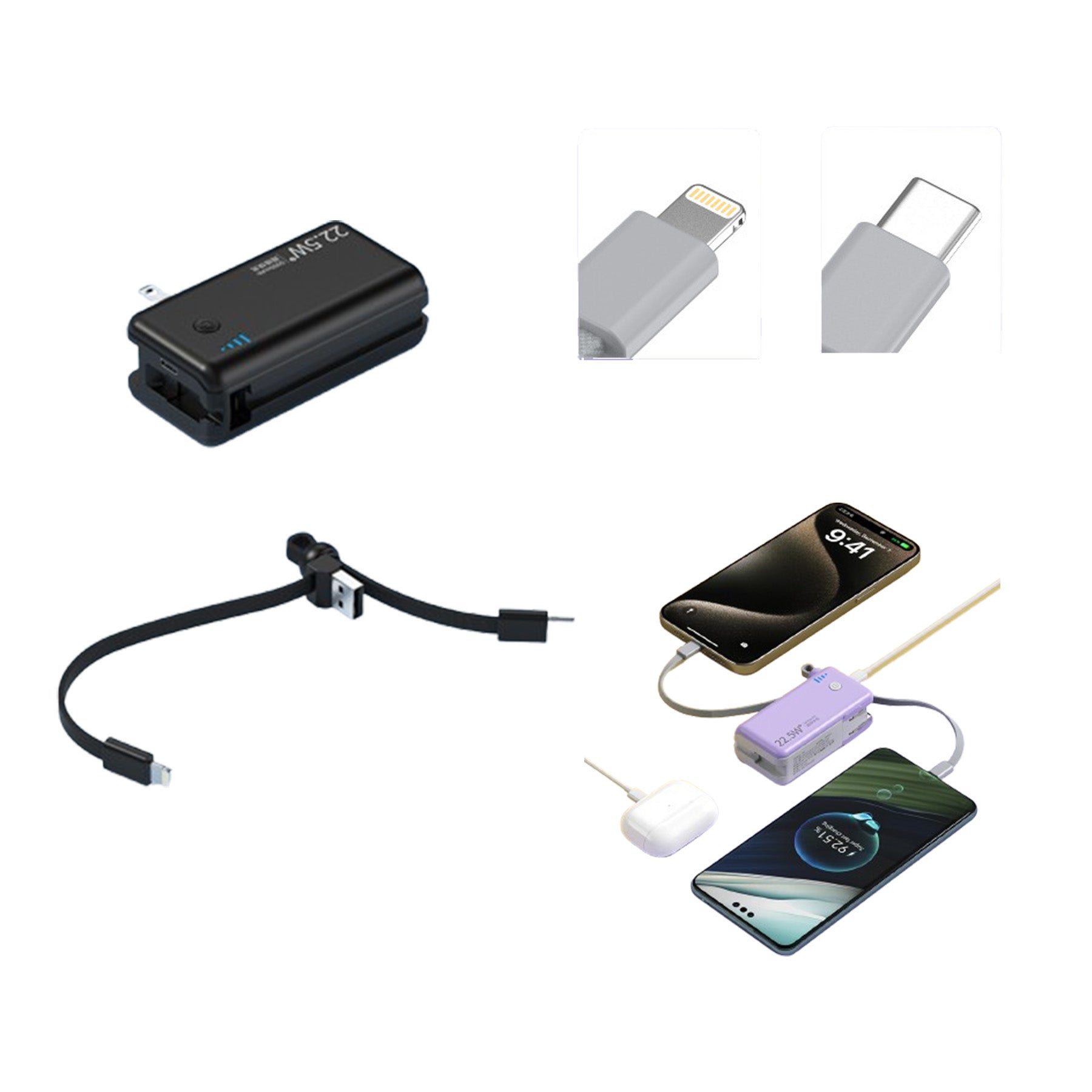 5000Mah Portable Charger Built-In Cables And Ac Wall Plug