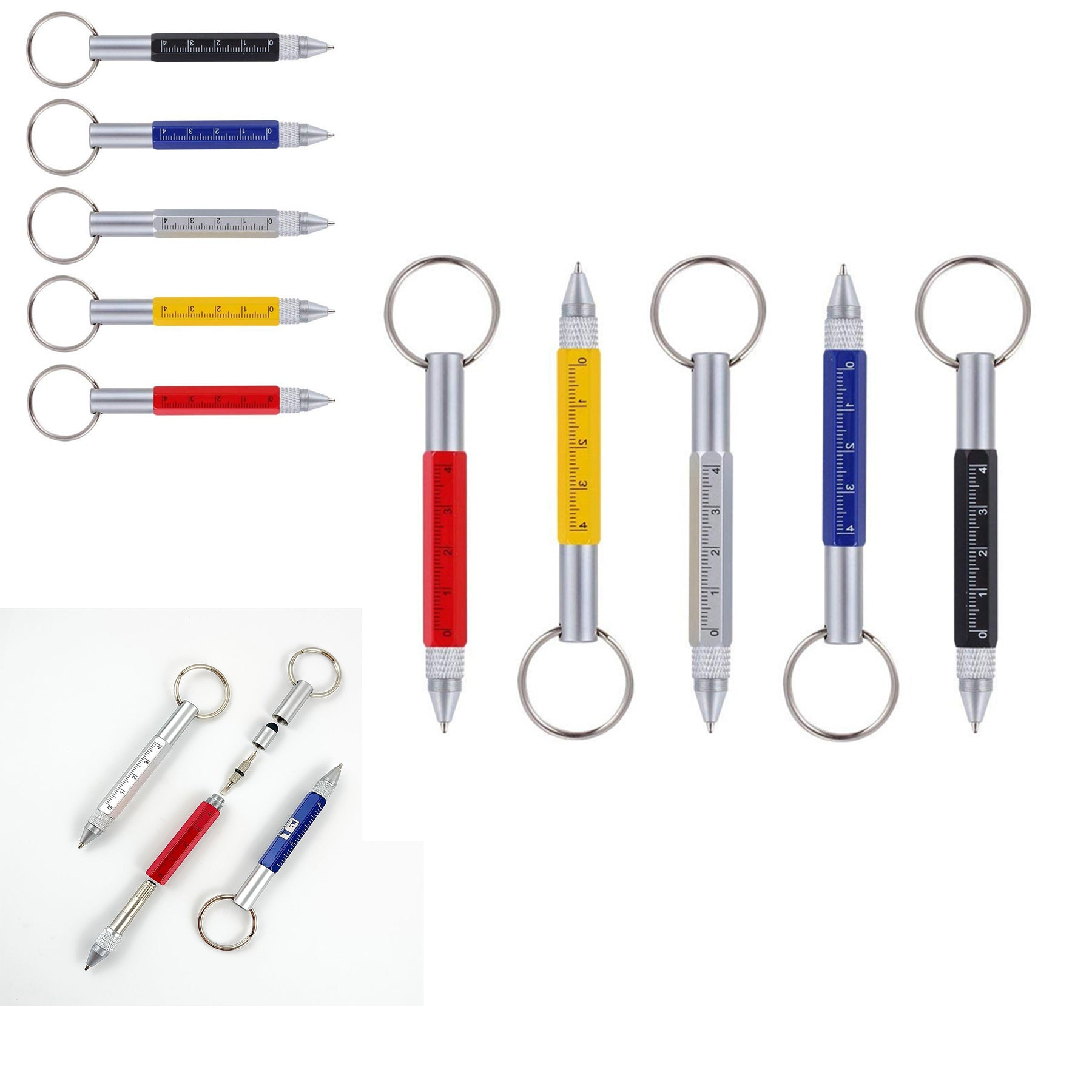 Multi - Functional Six - In - One Keychain Short Scale Metal Ballpoint Pen